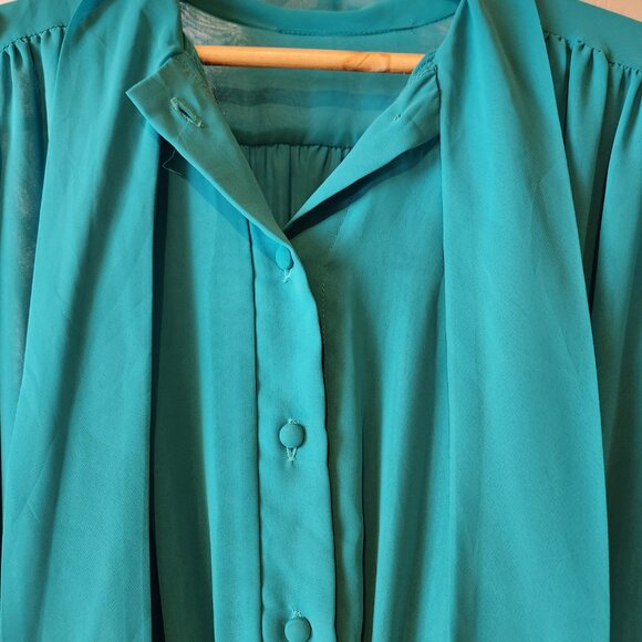 VINTAGE Turquoise Chiffon Tie Neck Dress SM - Picture 2 of 2